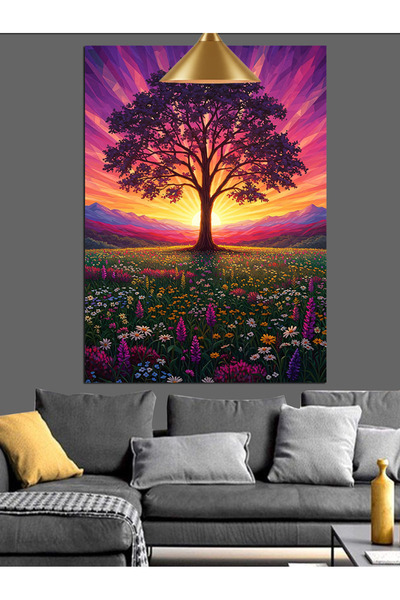 Tablo Mega Mor Işıklı Ağaç Manzarası Dekoratif Kanvas - Mdf Ahşap Tablo