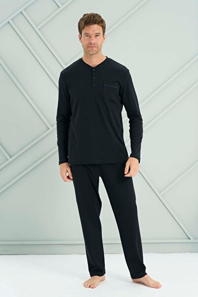REMSA Men's Combed Cotton Long Sleeve Pajama Set 2207 Black02