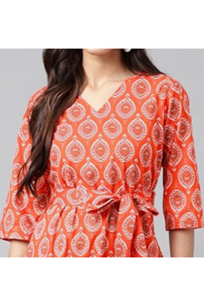 IndHeritage Premium pure cotton red dress with white floral prints for women - Indo Western wear