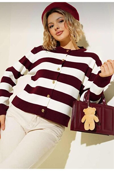hedef giyim Striped Buttoned Crew Neck Knit Cardigan