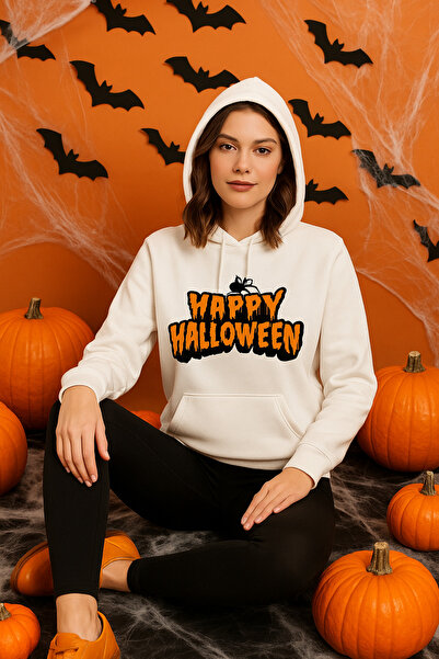 ocke Women's White Halloween Printed Hooded Hoodie Sweatshirt