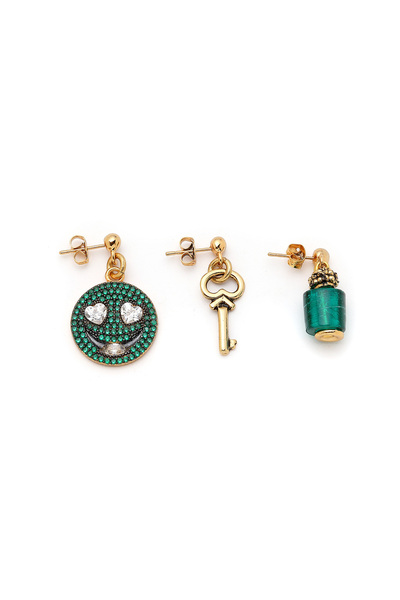 Mon Reve Solis Smiling Face, Key Charm Needle Earrings