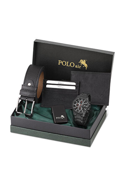 Polo Air Erkek Kol Saati Cüzdan Kemer Kartlık Çakmak Hediyelik Kutusunda Siya...