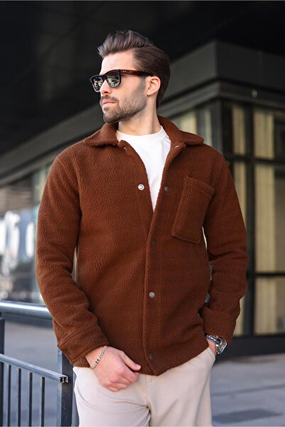 Madmext Ανδρικό παλτό πουκάμισο καφέ με πλαϊνές τσέπες με κούμπωμα E6769