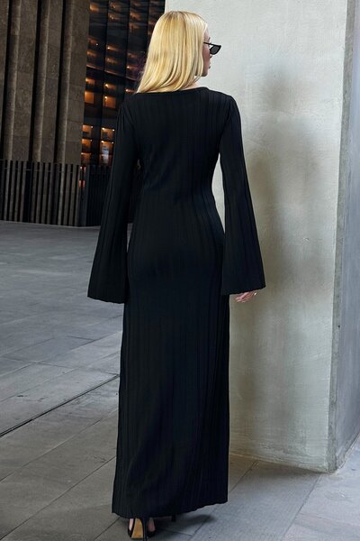 VAGGON Γυναικείο μαύρο πλεκτό φόρεμα με λαιμόκοψη και ισπανικό μανίκι με λεπτομέρεια με κορδόνια Prmx12964