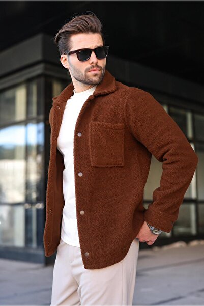 Madmext Ανδρικό παλτό πουκάμισο καφέ με πλαϊνές τσέπες με κούμπωμα E6769