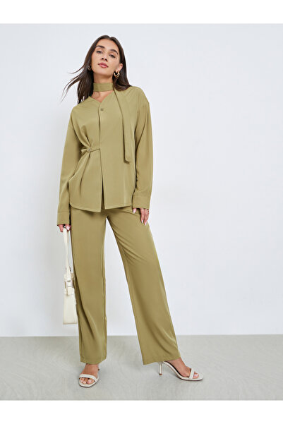 Styli Olive Wrap Front Shirt and Trousers Co-ords