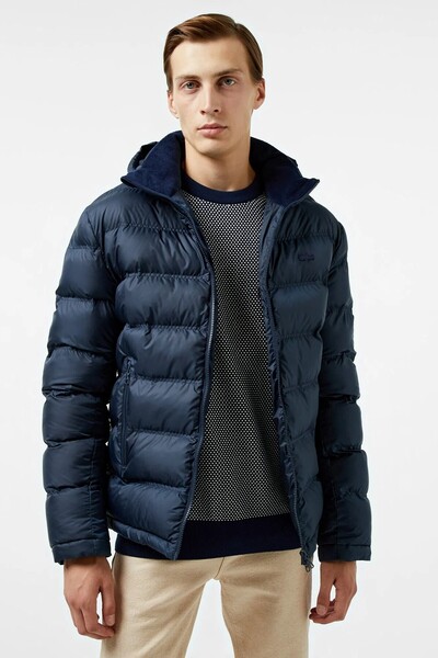 Lacoste Synthetic Fill Puffer Jacket Detachable Hood Men's Puffer Coat Navy Blue