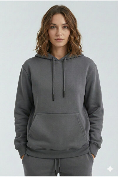 OXVİN Φούτερ με κουκούλα με σκούρο καπνιστό σχέδιο καγκουρό (με βαμβακερή επένδυση)