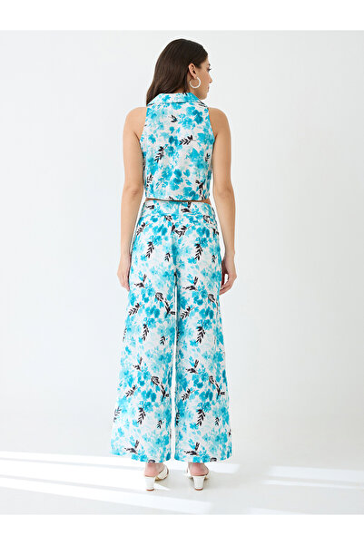 Globus By Styli Blue Floral Print Crop Shirt and Wide Leg Trousers Co-ords