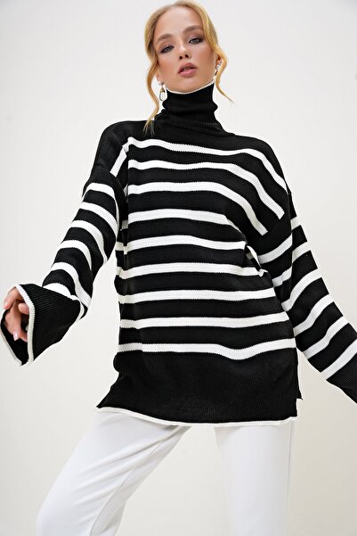 VAGGON Γυναικείο πλεκτό πουλόβερ με ρίγες oversized με ζιβάγκο Prmx13006