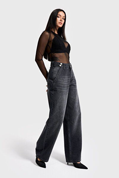 its basic Γυναικείο τζιν καπνιστό χρώμα 2w5-1 φαρδύ μπατζάκι Fit Loose Fit 100% βαμβακερό τζιν με λεπτομέρεια ζώνης