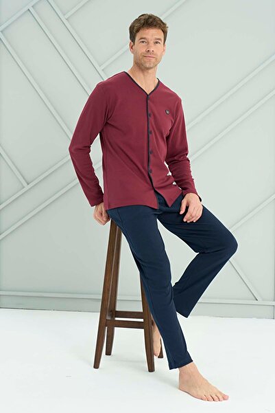 REMSA Чоловічий трикотажний піжамний комплект з довгими рукавами та ґудзиками 2227 Бордо02