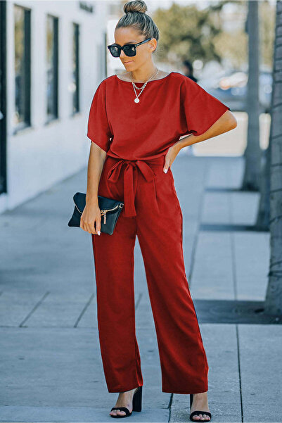 WildFashion Elegant long jumpsuit with short sleeves, red A866-3
