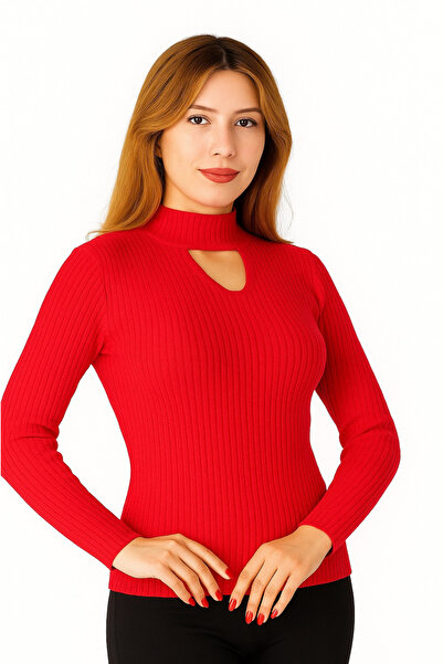 The Robi Women's Triangle Neckline Detailed Red Knit Sweater