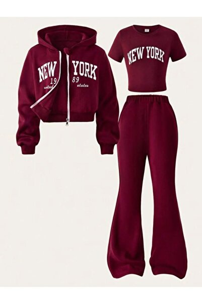 buendiakids Kız Çocuk 3`Lü Paket Bordo New York Baskılı Fermuarlı Crop Sweats...