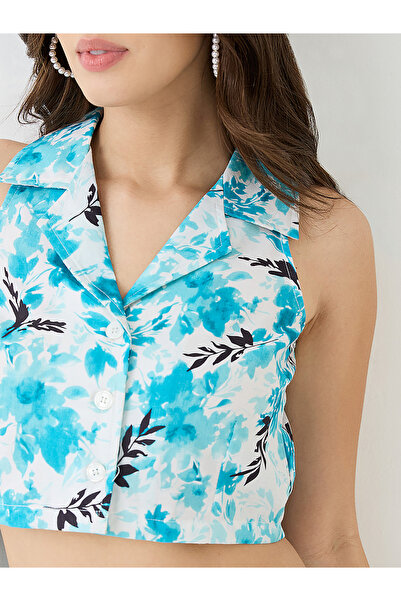 Globus By Styli Blue Floral Print Crop Shirt and Wide Leg Trousers Co-ords