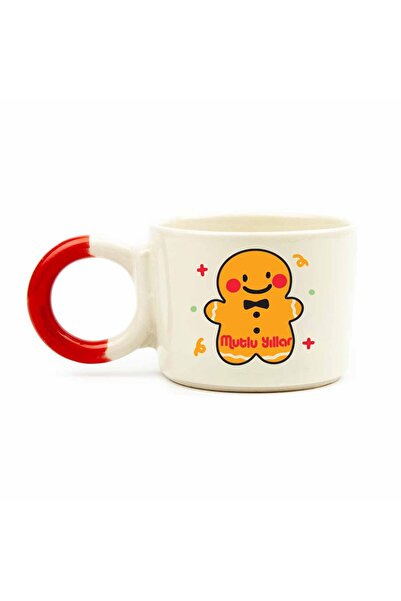 PALTO TASARIM Gingerbread Cookie Krem Parlak Düğüm Kulp Fincan (Kırmızı Kulp)...