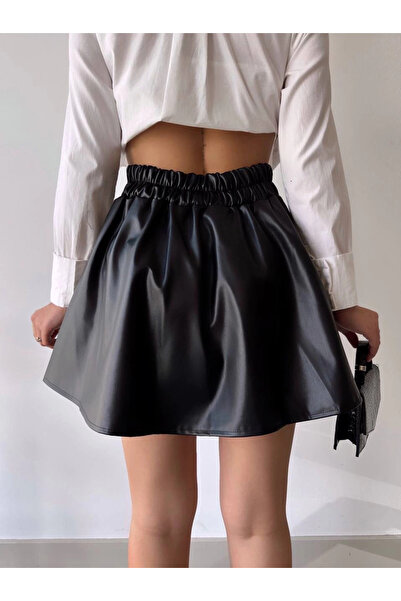 Zerenyus Short Leather Bell Skirt Black