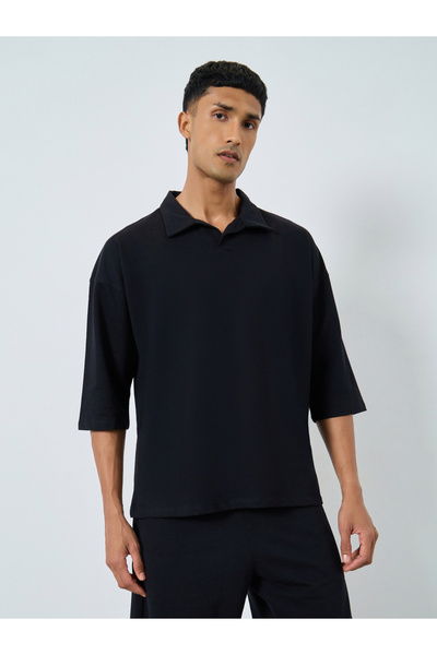 Styli Black Boxy Polo T-Shirt and Shorts Co-ords