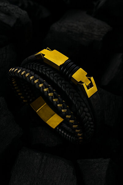 OSMANLI GÜMÜŞ سوار رجالي من الفولاذ - سوار رجالي بتصميم مضفر من الجلد بثلاثة ...