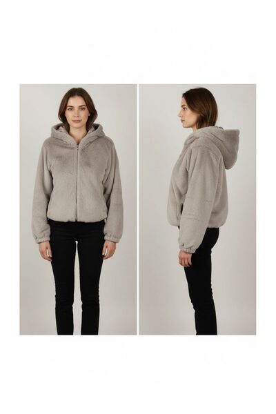 FATOSH KUTO SON MODA KAPÜŞONLU FERMUARLI KISA KÜRK MONT
