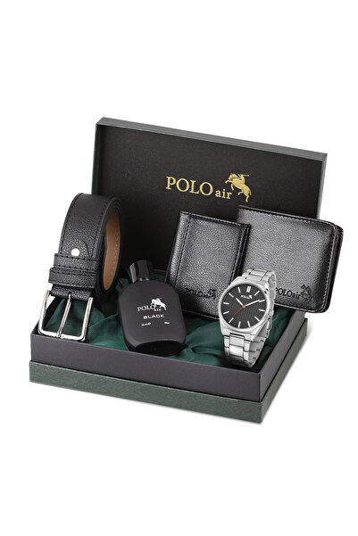 Polo Air Erkek Kol Saati Cüzdan Kemer Kartlık Parfüm Hediyelik Kutusunda Gümüş Siyah Renk Set PL-7038E5