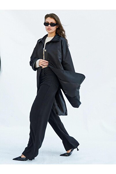 Coral 250462 Deri Yakalı Trençkot Siyah