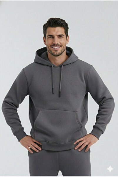 OXVİN Φούτερ με κουκούλα με σκούρο καπνιστό σχέδιο καγκουρό (με βαμβακερή επένδυση)