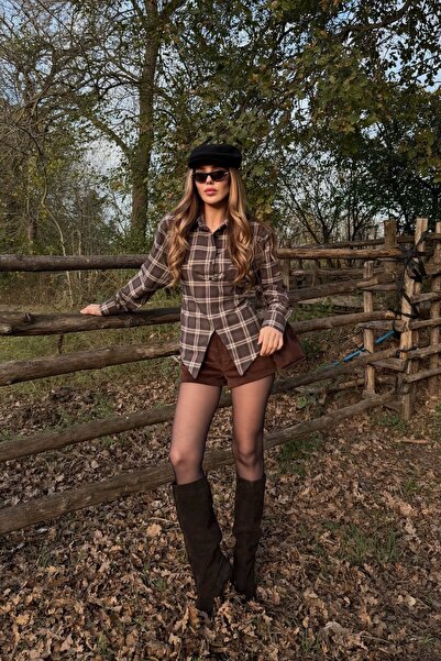 Laluvia Кафява вратовръзка с детайли от карирана риза - 25250