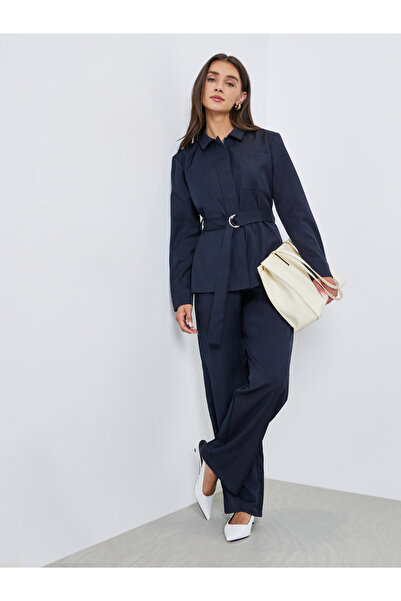 Styli Blue Belted Shirt and Wide Leg Pants Co-ords