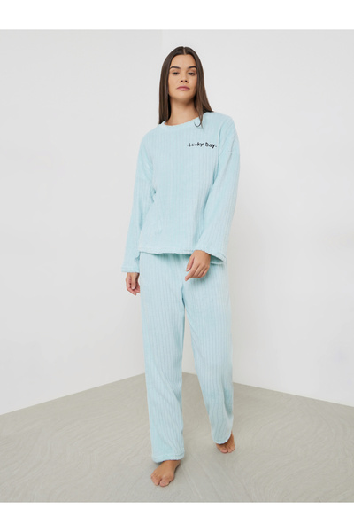 Styli Blue Self Striped Fleece Long Sleeve Top and Pyjama Set