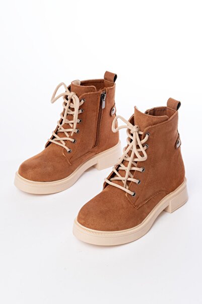 Zerenyus Zri̇n-2003 Premium Tan Suede Lace-Up Zippered Casual Women's Boots