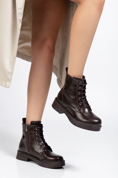 Zerenyus Zri̇n-2003 Premium Brown Wrinkled Patent Leather Lace-Up Zippered Casual Women's Boots