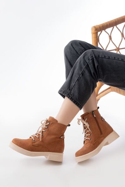 Zerenyus Zri̇n-2003 Premium Tan Suede Lace-Up Zippered Casual Women's Boots