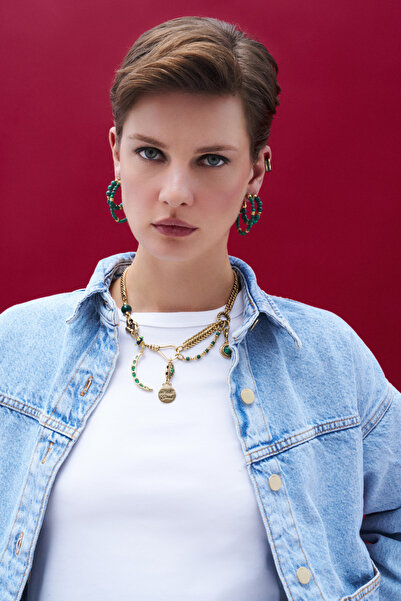 Mon Reve Inner Terrain Malahit Natural Stone Needle Hoop Earrings