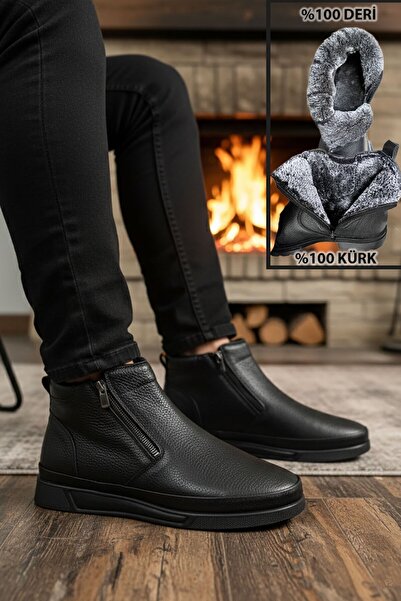 BIG KING Ανδρικές μπότες από γνήσιο δέρμα με διπλό φερμουάρ και γούνα εσωτερικά