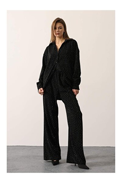 Coral 36360 Dağınık Taşlı Simli Gömlek Pantolon Takım Siyah