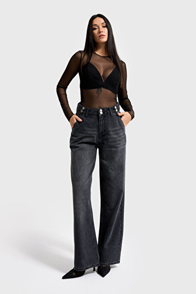 its basic Γυναικείο τζιν καπνιστό χρώμα 2w5-1 φαρδύ μπατζάκι Fit Loose Fit 100% βαμβακερό τζιν με λεπτομέρεια ζώνης