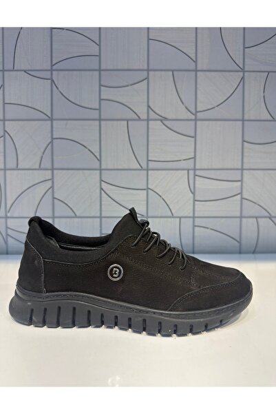 Anıl Ayakkabı B1 4320 Women's Black Nubuck Genuine Leather Rubber Laces Non-Slip Sole Daily Sports Comfortable Shoes