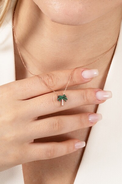 Söğütlü Silver 925 ayar gümüş kolye rose yeşil taşlı palmiye kolye SGTL13145ROSE