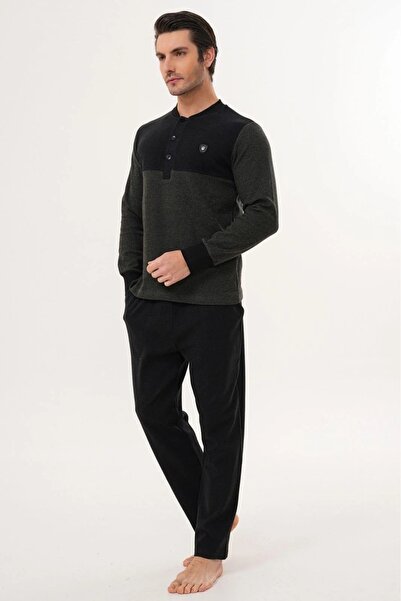 By Mecit Pijama Large Size Thessaloniki Fabric Collar Buttoned Winter Men's Pajama Set 70% Cotton 30% Polyester