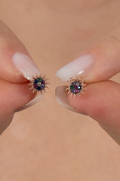 Söğütlü Silver 925 ayar gümüş küpe rose renkli zirkon taşlı güneş modeli küpe...