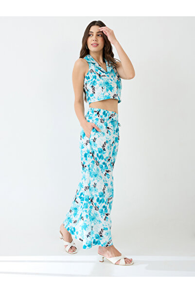Globus By Styli Blue Floral Print Crop Shirt and Wide Leg Trousers Co-ords