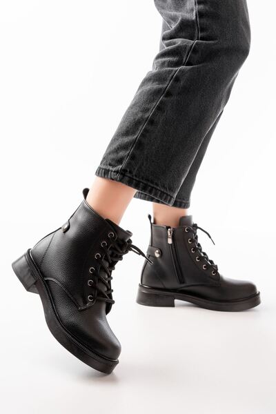 Zerenyus ZRİN-2003 Premium Μαύρες Γυναικείες Μπότες με κορδόνια και φερμουάρ Galata