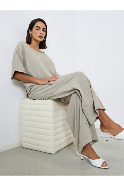 Styli Beige Textured Blouse and Trousers Modest Set