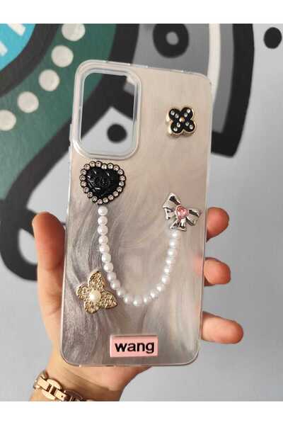 TEKNO Ipohone 11 Pro 3D Kabartmalı İnci Zincirli Fiyonk Parlak Gümüş Kalpli Kapak Kılıf