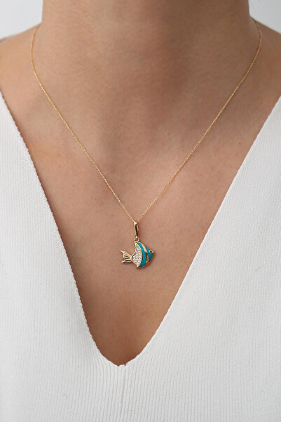 Bayar Gold 14 Ayar Altın Mavi Mineli Balık Kolye