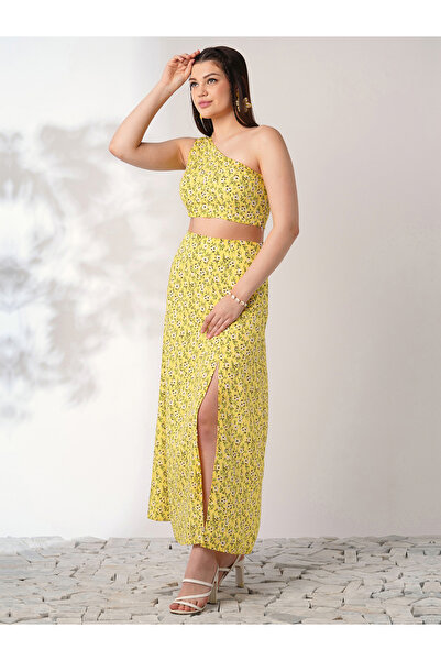 Globus By Styli Yellow Floral One-Shoulder Crop Top and Skirt Co-Ords