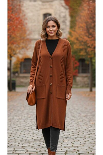 güncüoğlu Long Sleeve Knee-Length Buttoned One Size Knitwear Cardigan